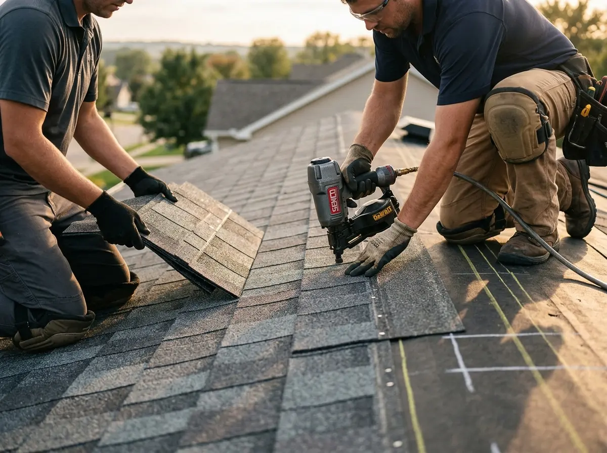 Professional roofer working on a residential roof in Waterloo